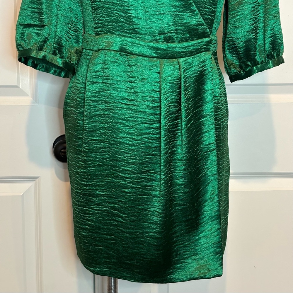 ba&sh Camil Green Short Sleeve Wrap Textured Satin Cocktail Dress 8 - Picture 7 of 13